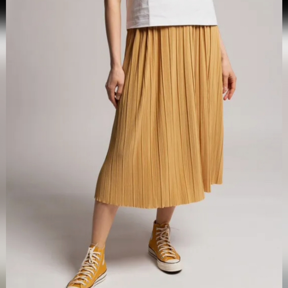 JOIE Pleated Satin Midi Skirt Front Side Slit Camel Sz S NWT